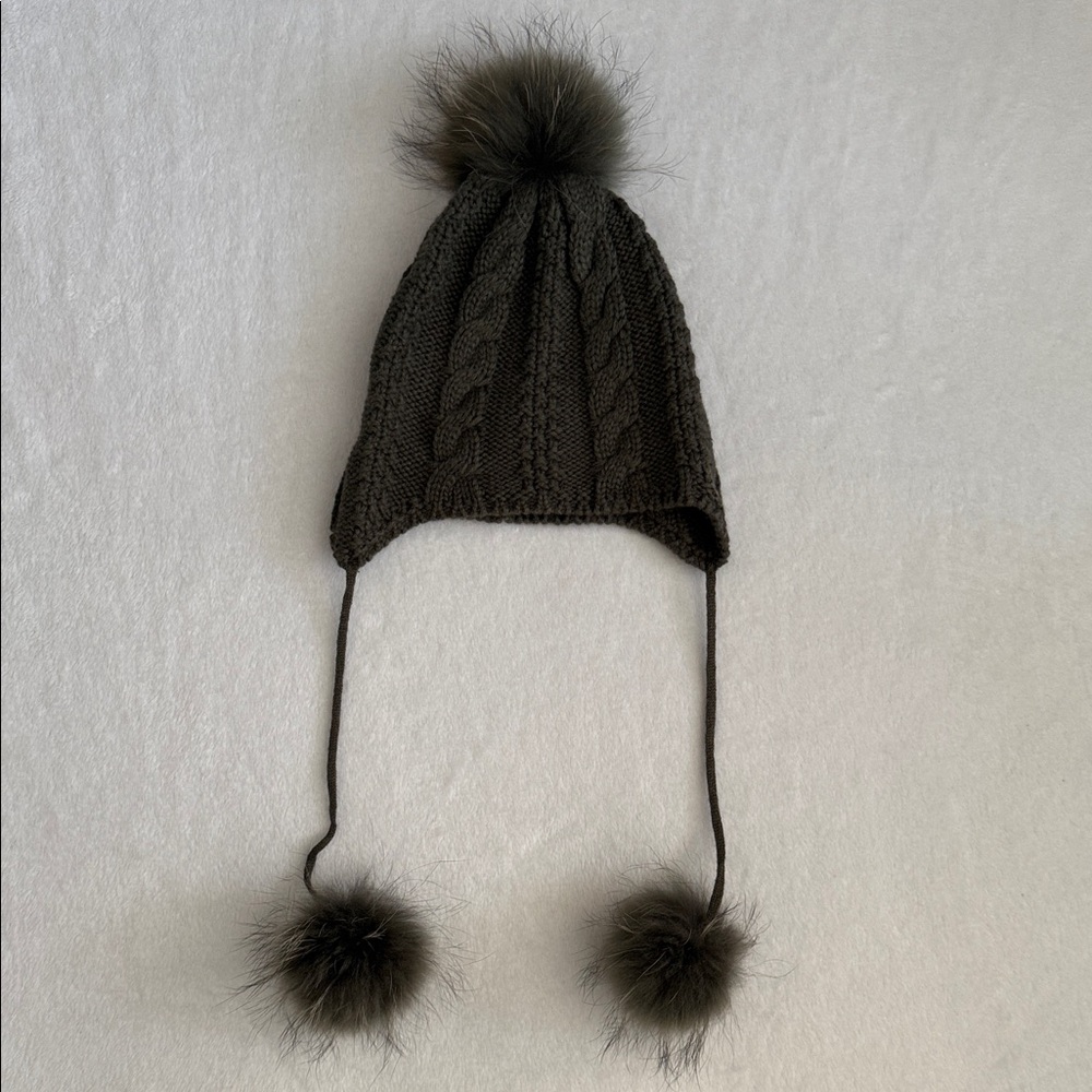Heartloom Olive Green Cable Knit Pom Earflap Hat